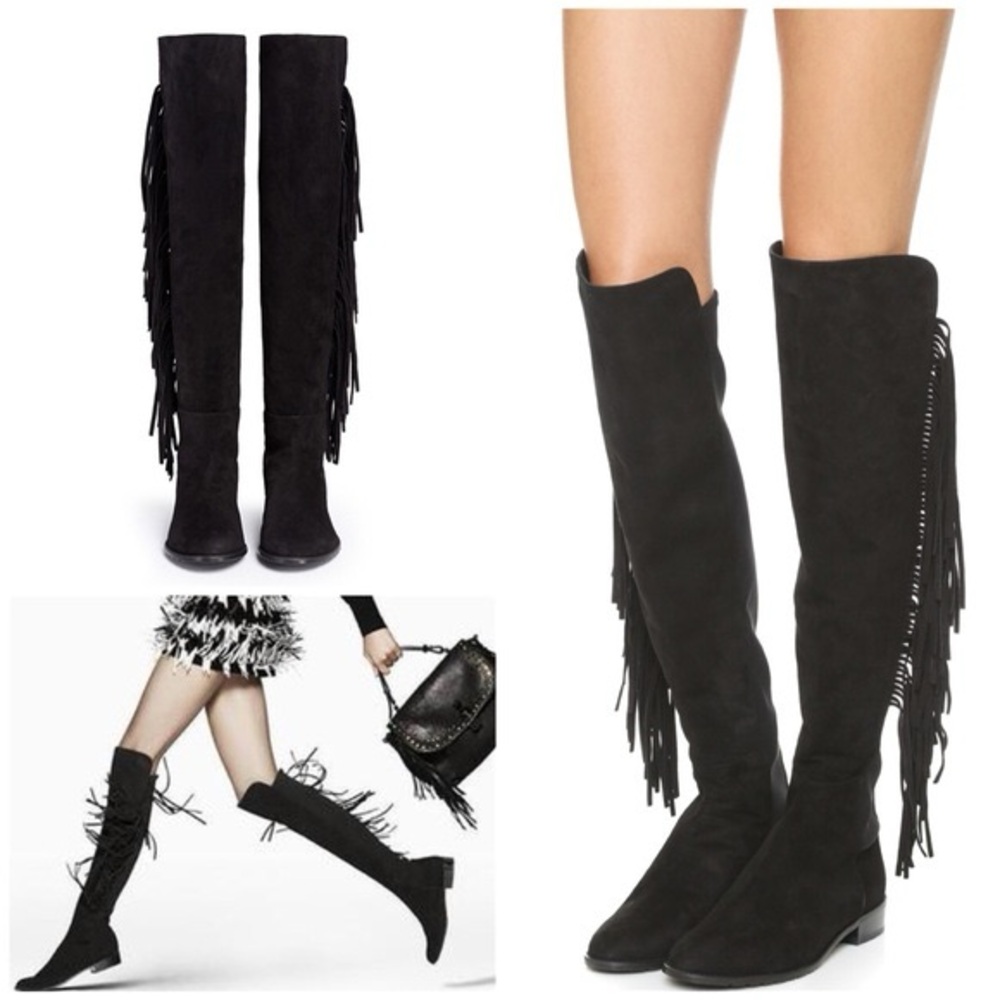 WORN ONCE Stuart Weitzman Black Suede Fringe 5050 Over-the-Knee Boots Mane - Picture 10 of 11